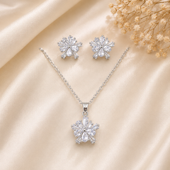 Elegant Floral Crystal Pendant Necklace & Earrings Set for Women | Silver Plated AD Jewellery | The Mirage Fashion