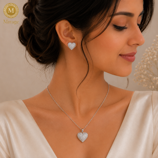 Sparkling Heart Pendant Necklace & Earrings Set for Women | Silver Plated American Diamond Jewellery | The Mirage Fashion
