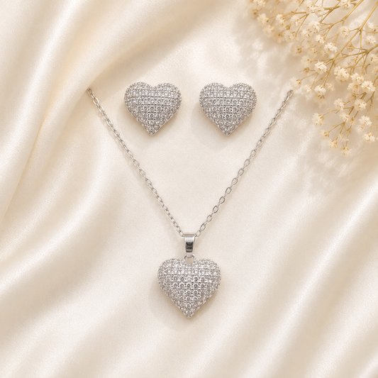 Sparkling Heart Pendant Necklace & Earrings Set for Women | Silver Plated American Diamond Jewellery | The Mirage Fashion