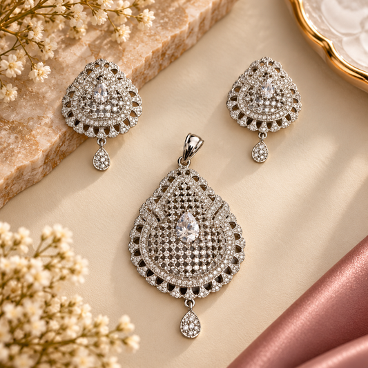 Silver crystal necklace and earrings set for women