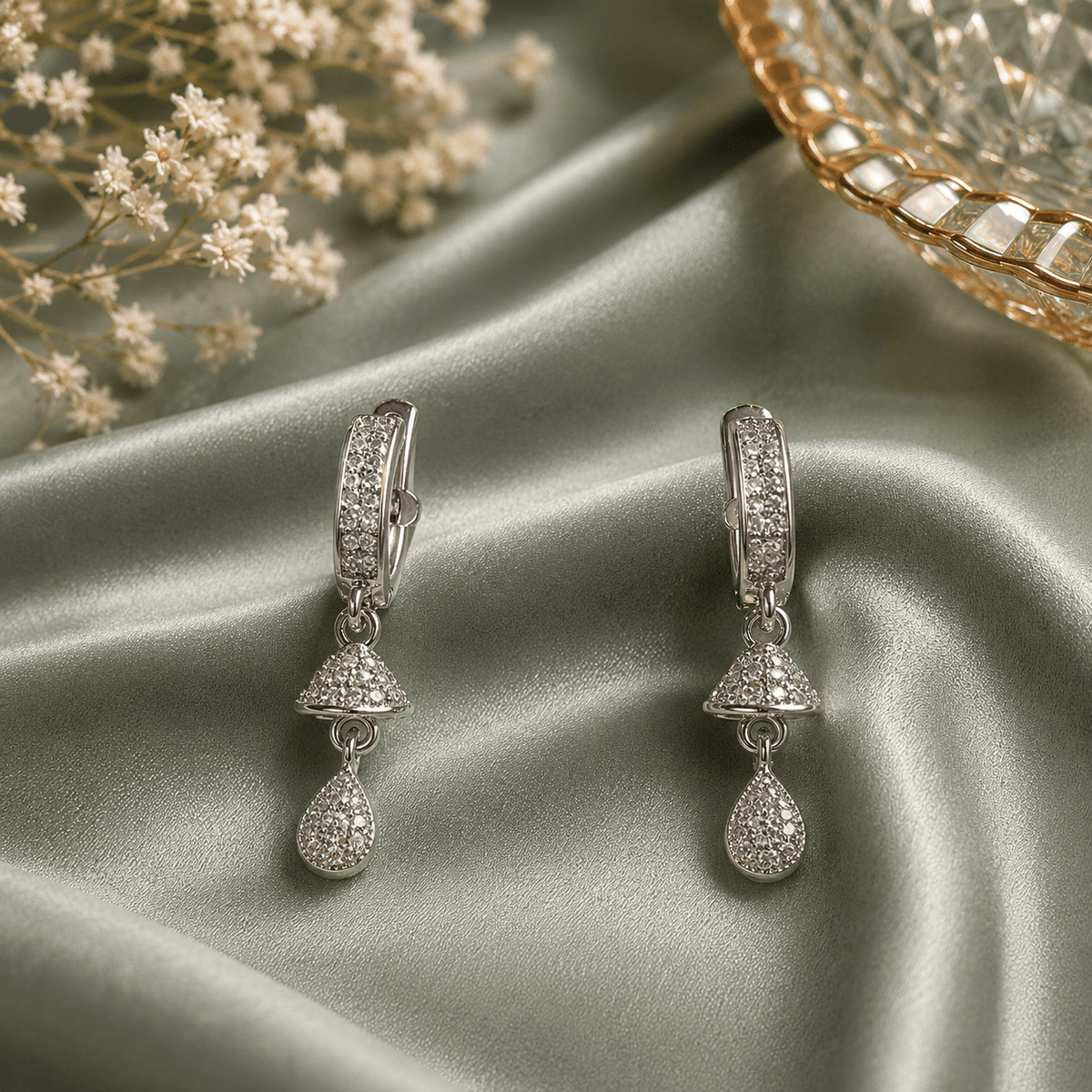 Silver Diamond Hoop Hanging Earrings for Women | The Mirage Fashion