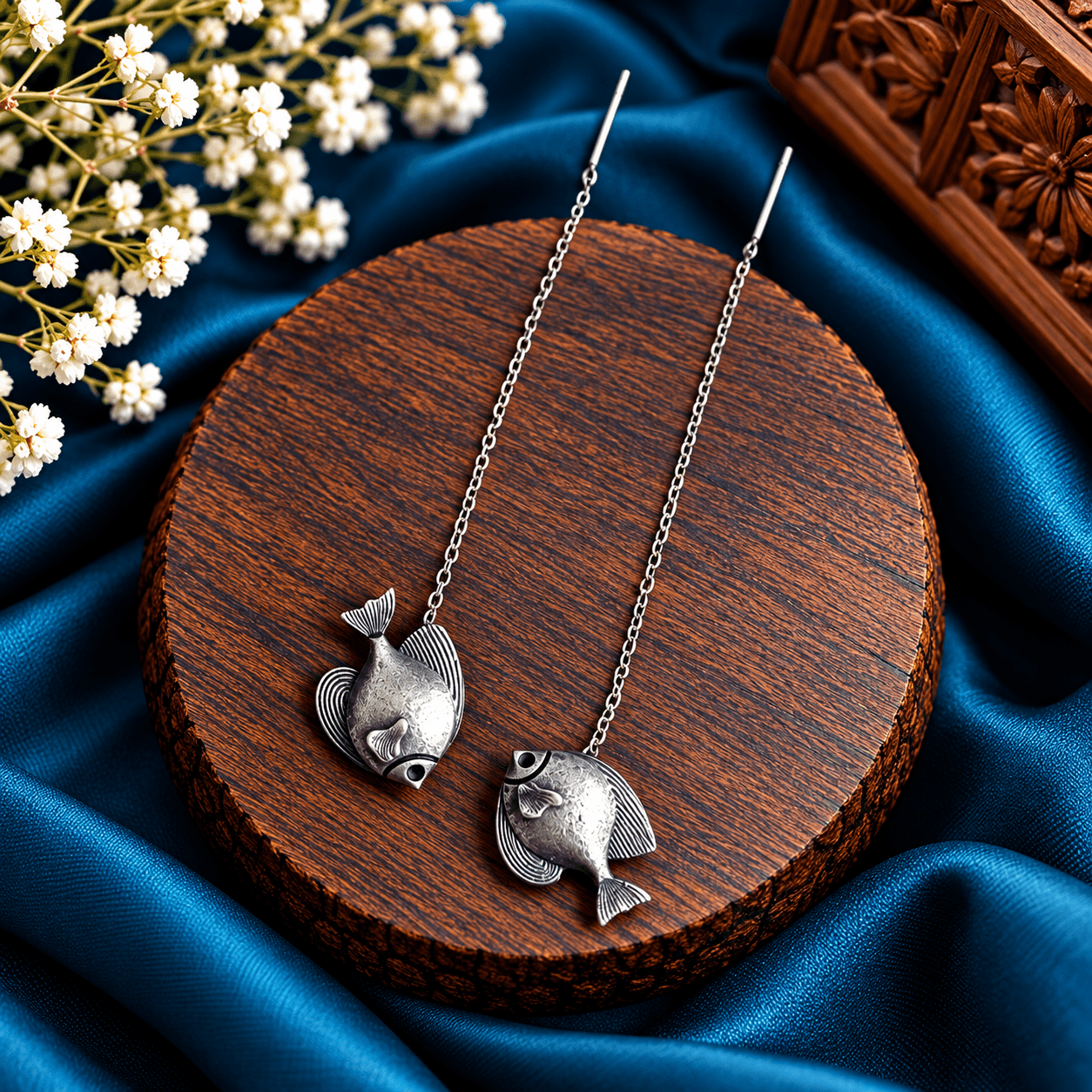 Oxidized silver-tone fish threader earrings with sculpted fish charms and long chain drops