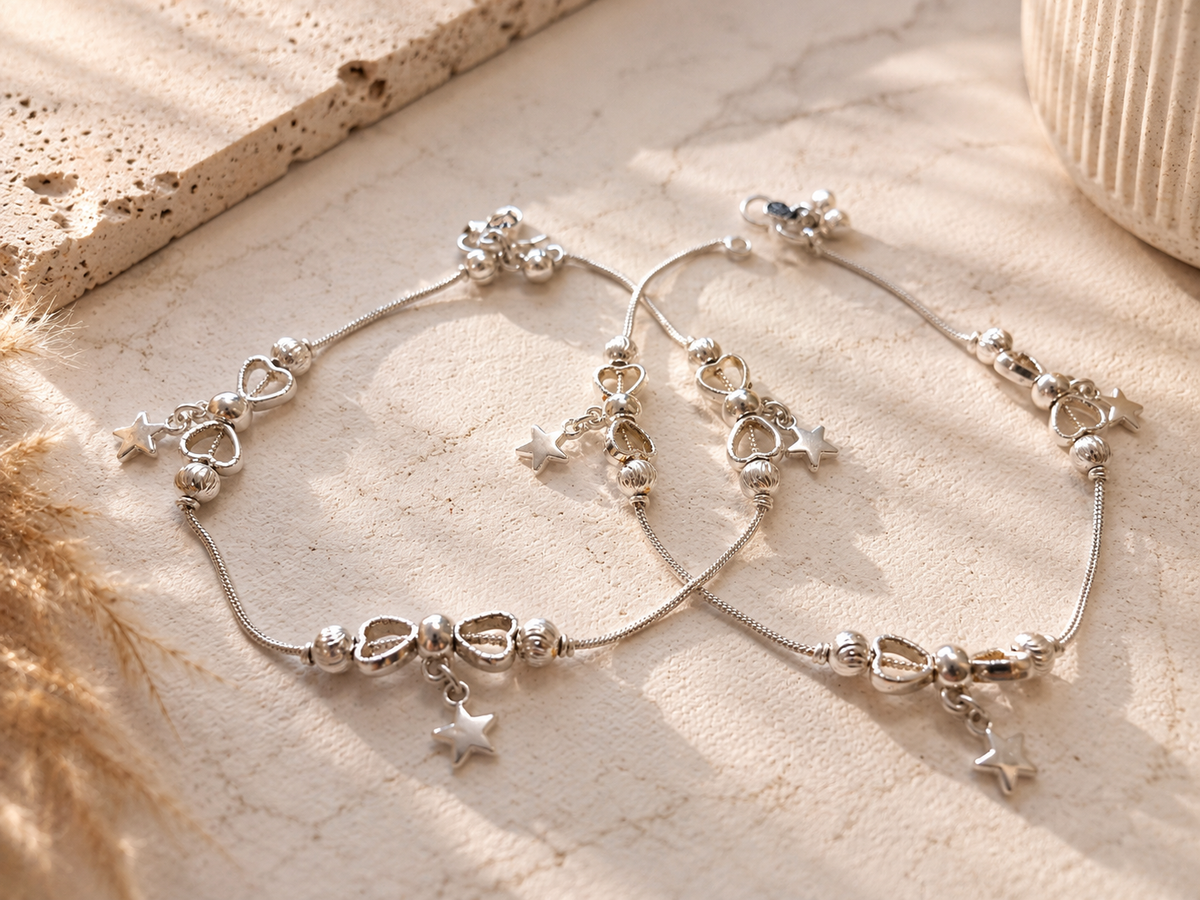 Silver Heart & Star Charm Anklet for Women | The Mirage Fashion