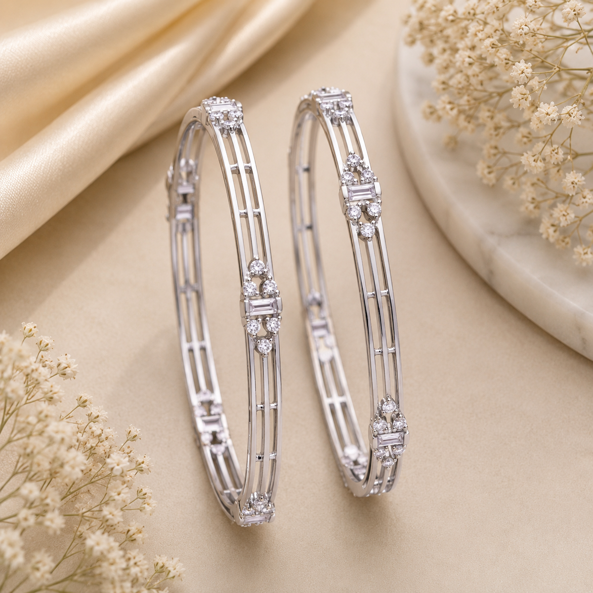 The Mirage Fashion Silver Plated American Diamond Bangles for Women | Elegant CZ Designer Bangle Pair