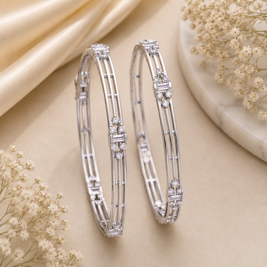 The Mirage Fashion Silver Plated American Diamond Bangles for Women | Elegant CZ Designer Bangle Pair