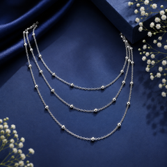 Silver layered chain necklace with delicate beaded details for women