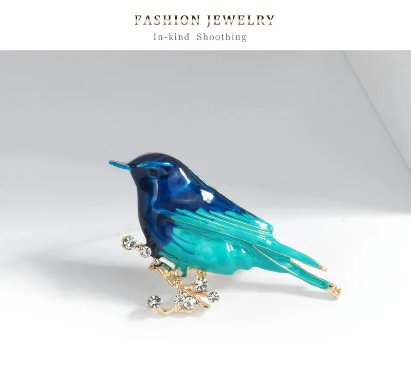Blue & Green Enamel Bird Brooch with Crystal Accents – Elegant Nature-Inspired Lapel Pin