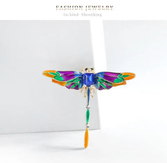 Vibrant Enamel Dragonfly Brooch with Blue Glass Gem & Rhinestones – Unisex Statement Pin