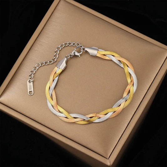 Tricolor Braided  Bracelet for Women – Gold, Silver & Rose Gold Chain Design with Adjustable Clasp