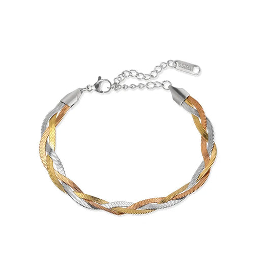 Tricolor Braided  Bracelet for Women – Gold, Silver & Rose Gold Chain Design with Adjustable Clasp
