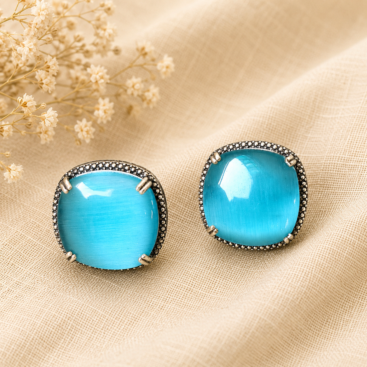 Sky Blue Cat Eye Stone Stud Earrings for Women – Elegant Aqua Square Statement Studs | Oxidised Silver Fashion Jewelry | The Mirage Fashion