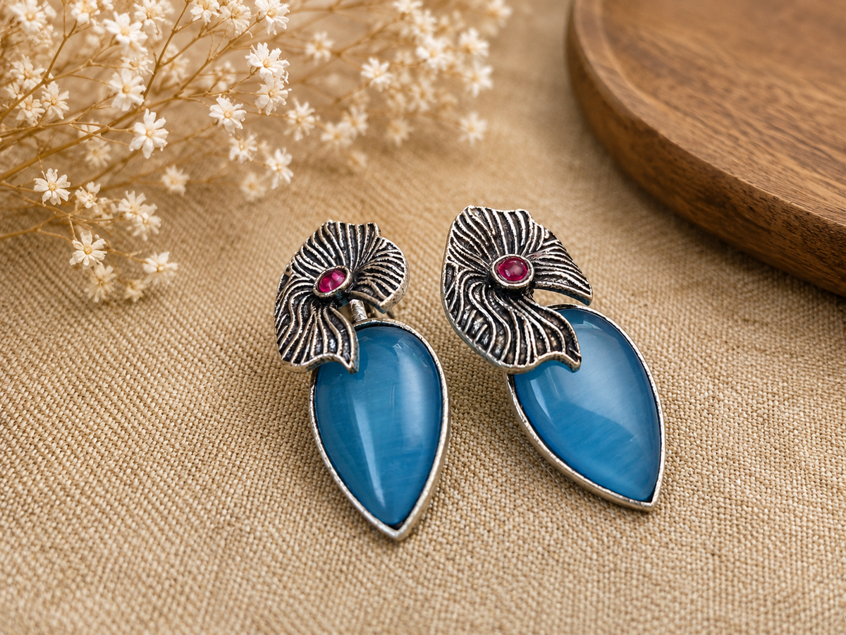 Sky Blue Leaf Drop Earrings for Women – Oxidized Silver Statement Earrings with Pink Stone Accent  Elegant Ethnic Jewelry The Mirage Fashion
