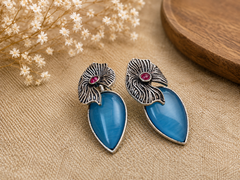 Sky Blue Leaf Drop Earrings for Women – Oxidized Silver Statement Earrings with Pink Stone Accent  Elegant Ethnic Jewelry The Mirage Fashion