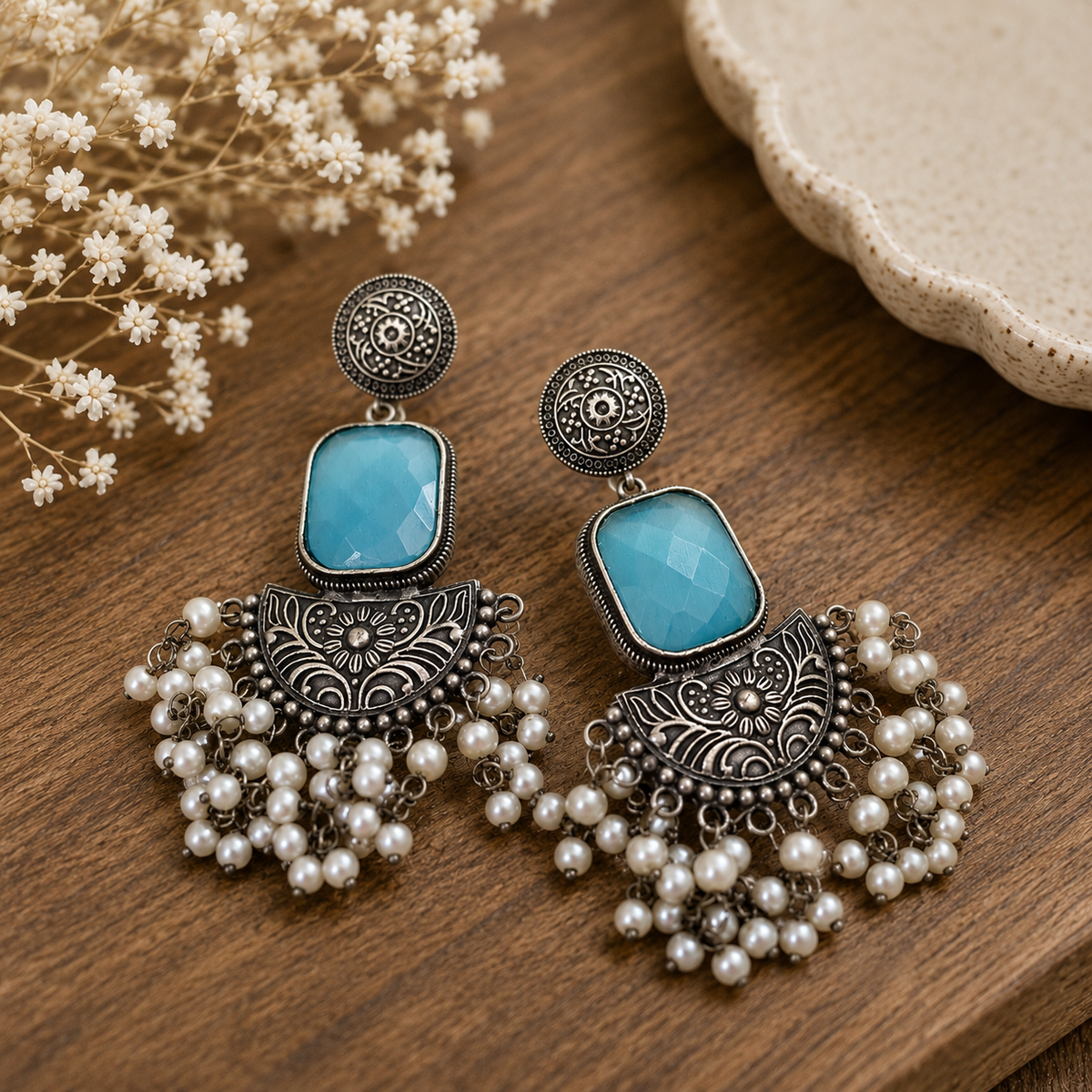 Sky Blue Stone Oxidized Pearl Tassel Earrings for Women – Boho Ethnic Statement Earrings | Silver-Tone Party Wear Jewelry