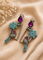 Songbird Garden Oxidized Silver Statement Earrings for Women | Floral Bird Drop Earrings | Vintage Ethnic Designer Jewelry|  The Mirage Fashion