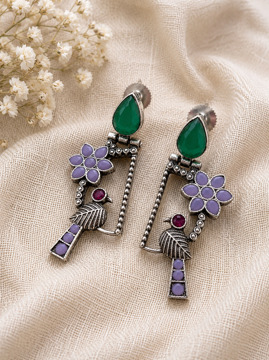Songbird Garden Oxidized Silver Statement Earrings for Women | Floral Bird Drop Earrings | Vintage Ethnic Designer Jewelry|  The Mirage Fashion