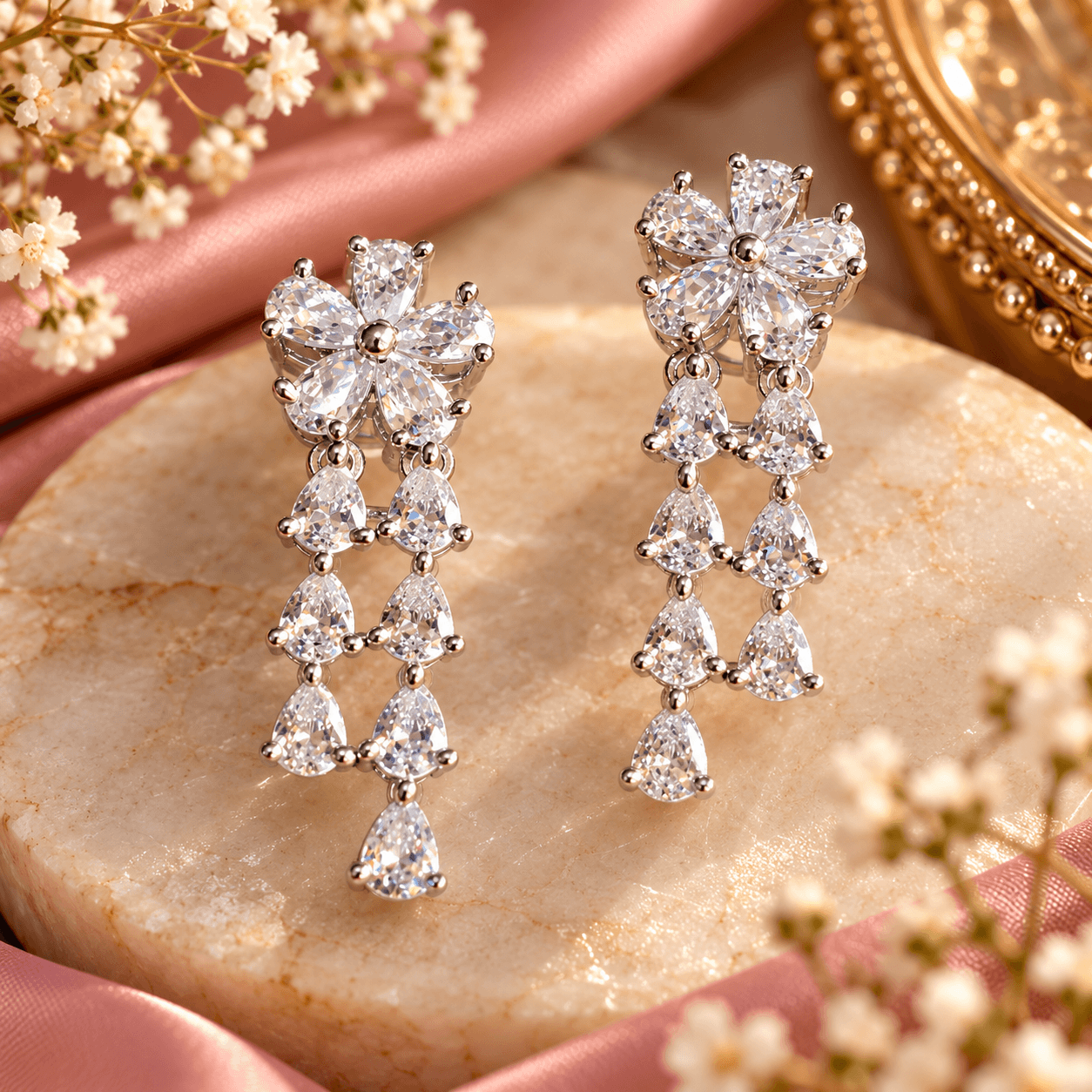 Silver-tone V-shaped crystal necklace with cascading teardrop details and matching long floral drop earrings
