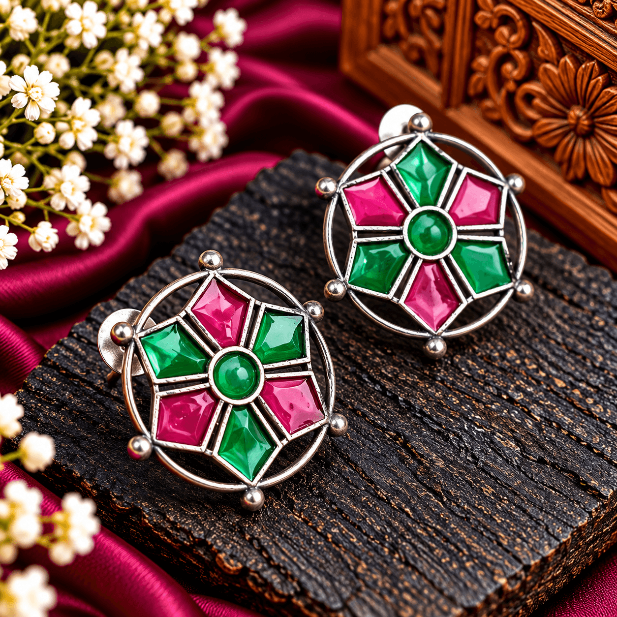Round oxidized stud earrings with geometric emerald-green and magenta-pink stained-glass-inspired detailing