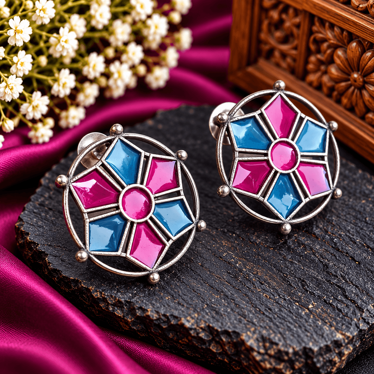 Stained-glass pink and blue geometric oxidized stud earrings with a silver-tone finish