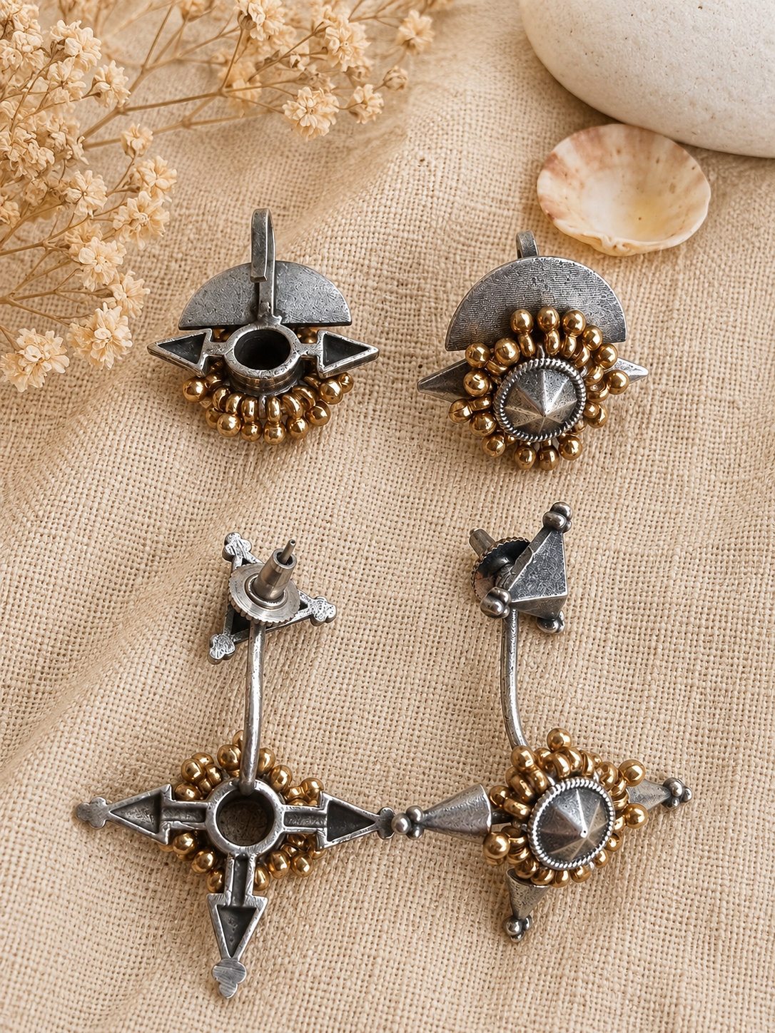Statement Ear Cuff & Stud Earring Combo in Antique Silver and Gold Tone – Geometric Tribal Ear Wrap Jewelry for Women