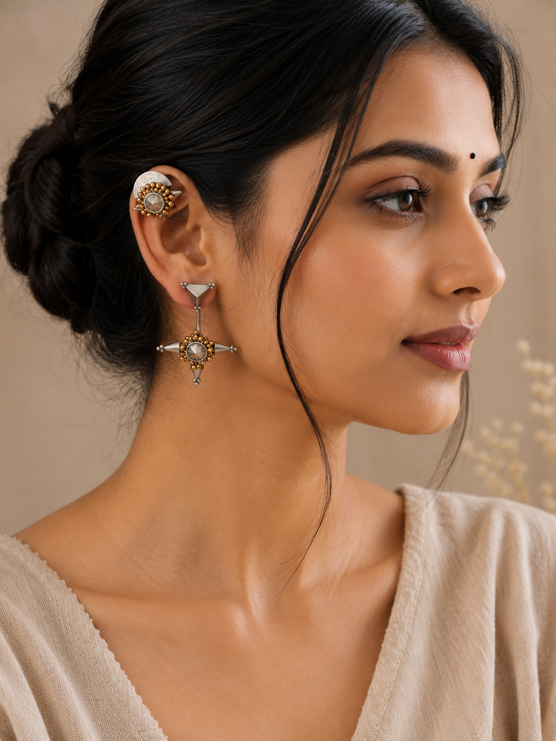 Statement Ear Cuff & Stud Earring Combo in Antique Silver and Gold Tone – Geometric Tribal Ear Wrap Jewelry for Women  The Mirage Fashion