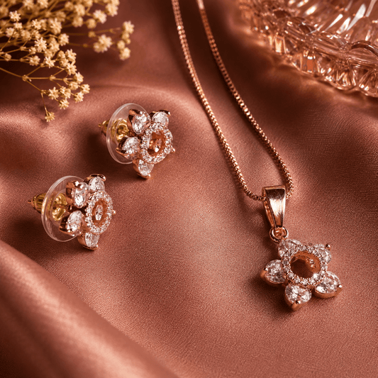 Rose Gold Celeste Floral Necklace Set for Women – Sparkling Pendant & Earrings | The Mirage Fashion