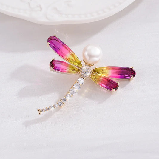 Mirage Elegant Dragonfly Brooch with Colorful Crystals & Pearl – Women's Fashion Jewelry Pin