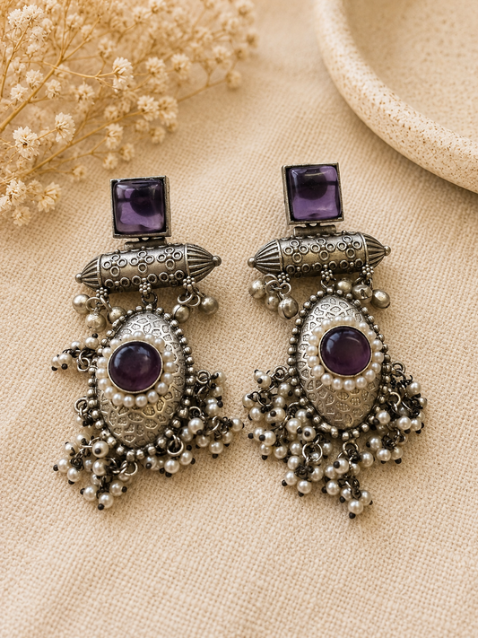 The Mirage Fashion Amethyst Pearl Tassel Statement Earrings – Silver Look Ethnic Dangle Earrings for Women