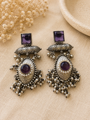 The Mirage Fashion Amethyst Pearl Tassel Statement Earrings – Silver Look Ethnic Dangle Earrings for Women