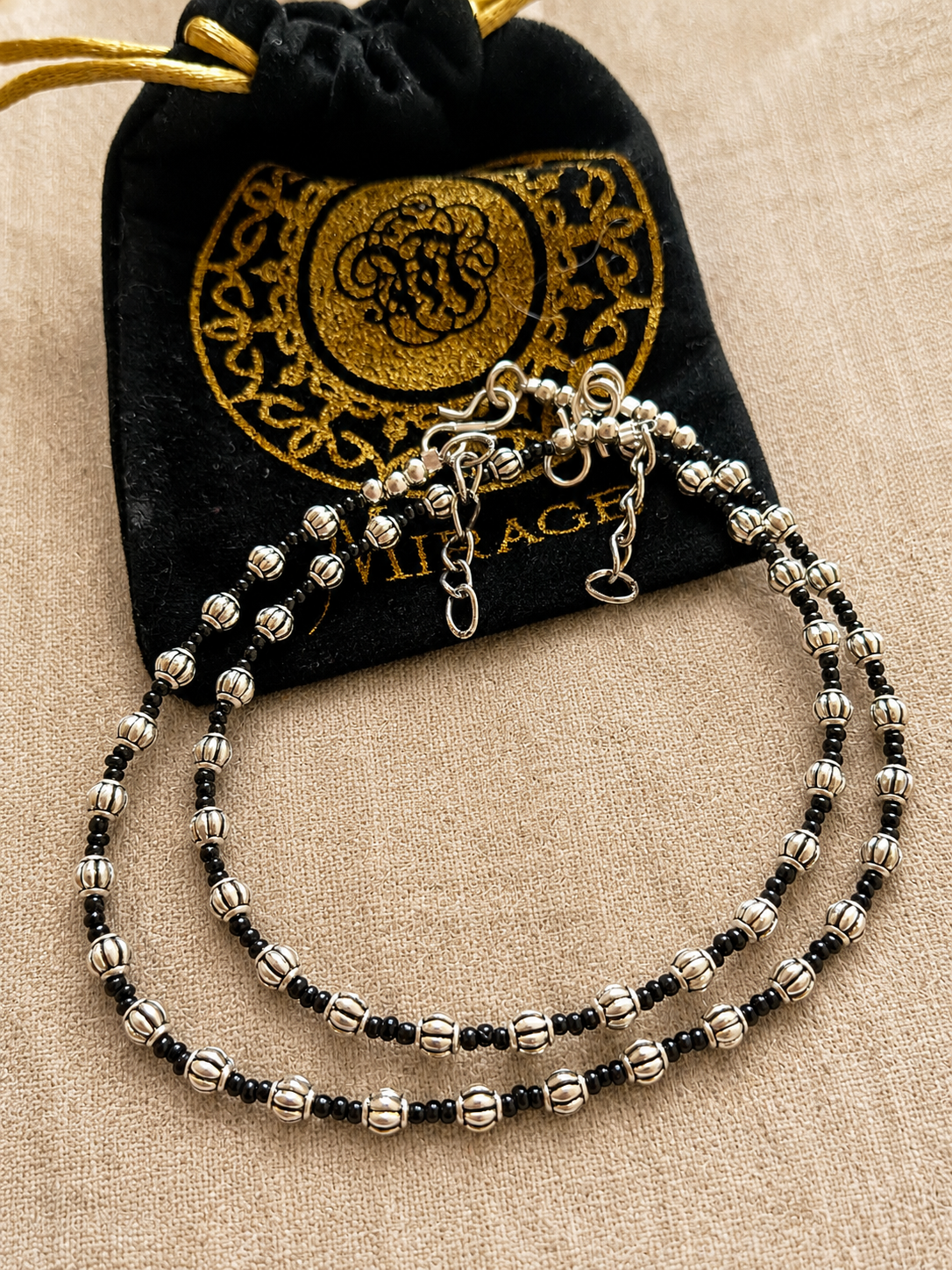 The Mirage Fashion Black Beaded Oxidized Anklet Pair – Minimalist Double Layer Boho Payal for Women