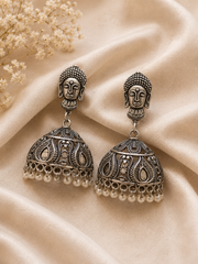 The Mirage Fashion Buddha Pearl Jhumka Earrings – Silver Look Spiritual Statement Earrings for Women  Oxidized Ethnic Jewelry