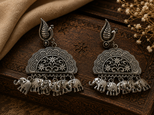 The Mirage Fashion Elephant Charm Tribal Statement Earrings – Silver Look Boho Ethnic Earrings for Women