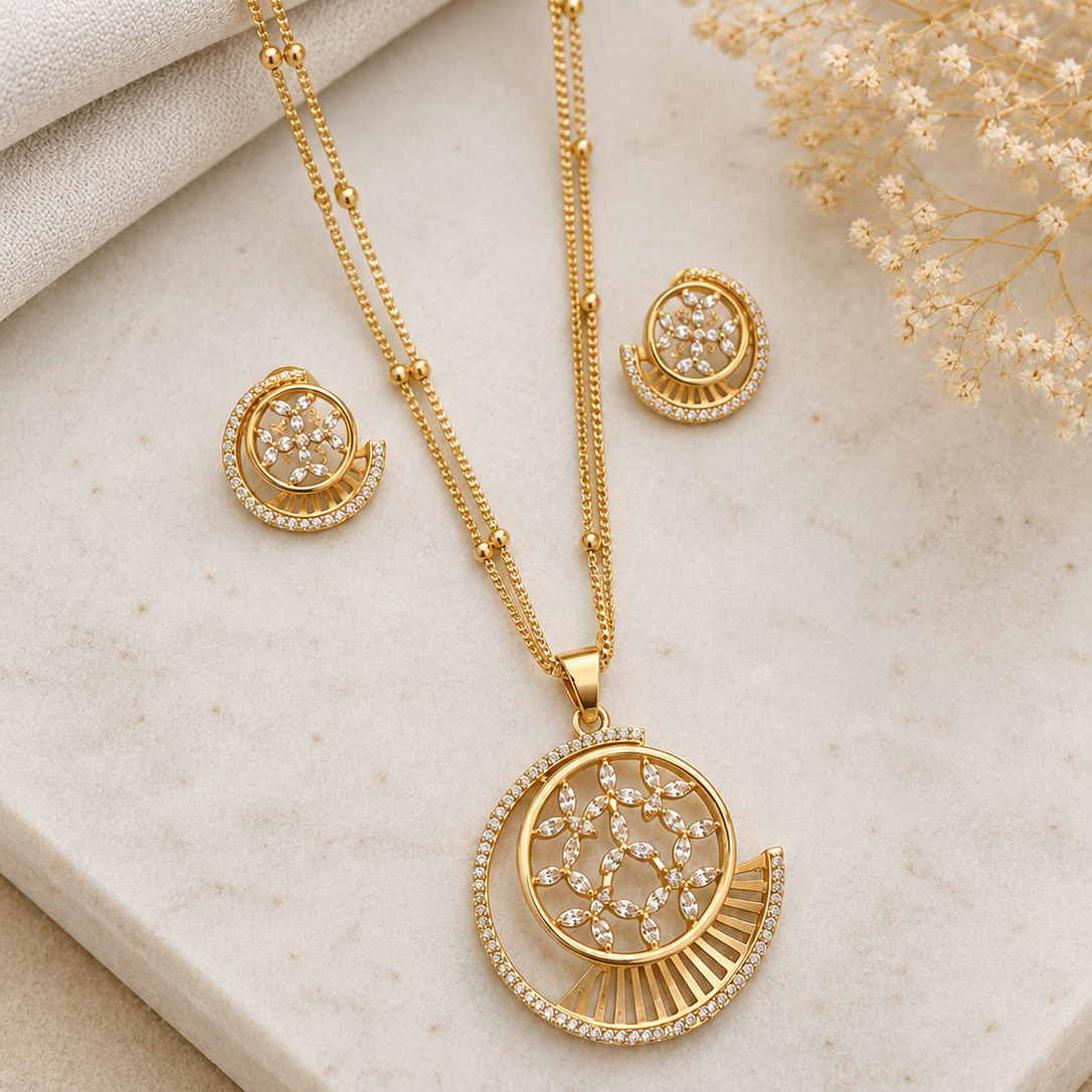 Gold Plated American Diamond Floral Pendant Set with Matching Earrings for Women | The Mirage Fashion
