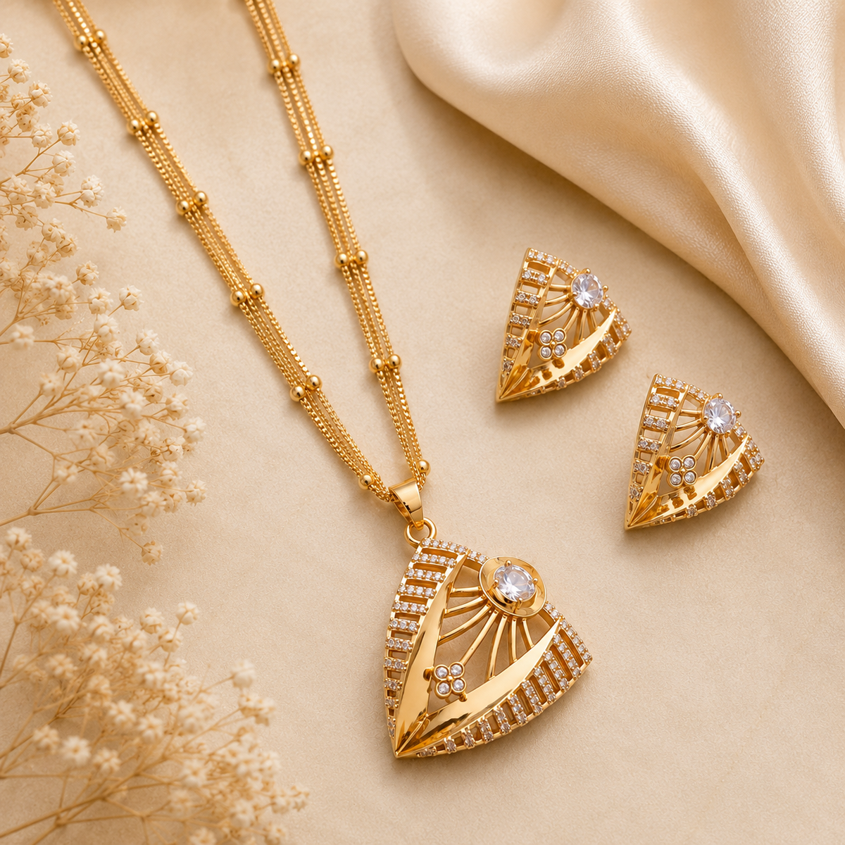 The Mirage Fashion Gold Plated triangular American Diamond Pendant Set for Women | Geometric CZ Necklace & Earrings Set