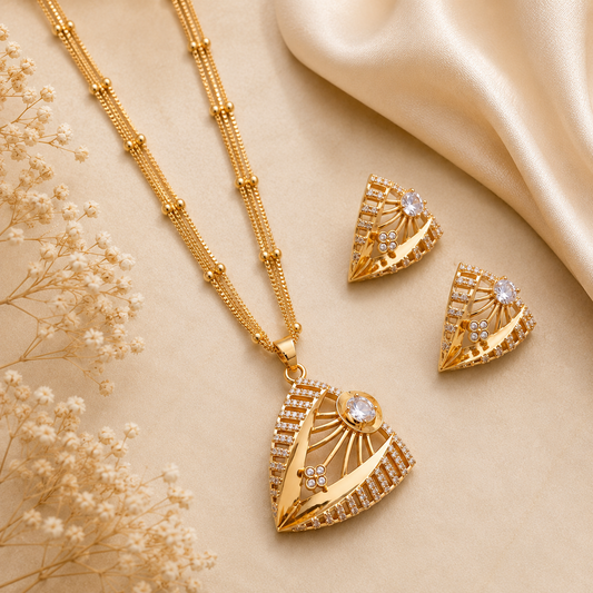 The Mirage Fashion Gold Plated triangular American Diamond Pendant Set for Women | Geometric CZ Necklace & Earrings Set