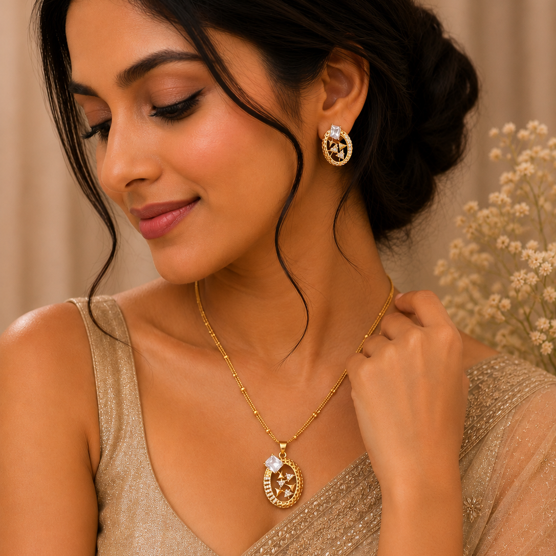 Gold Plated American Diamond Oval Pendant Set with Matching Earrings for Women | The Mirage Fashion
