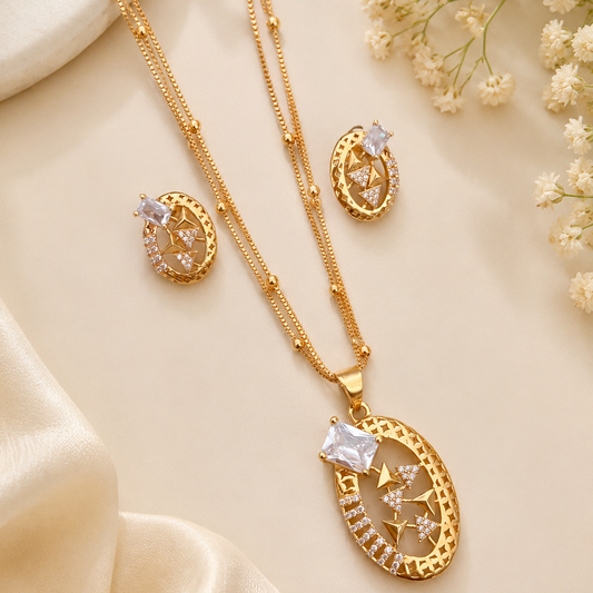 Gold Plated American Diamond Oval Pendant Set with Matching Earrings for Women | The Mirage Fashion