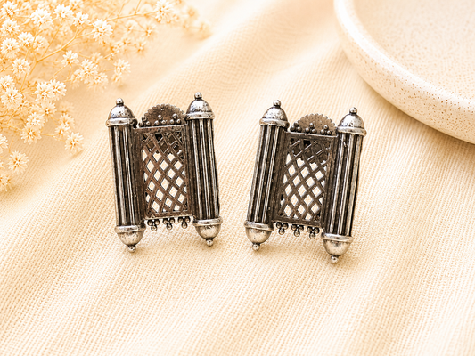 The Mirage Fashion Heritage Jharokha Statement Earrings – Silver Look Architectural Earrings for Women | Ethnic Designer Jewelry