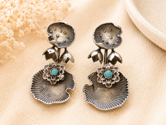 The Mirage Fashion Lotus Bloom Statement Earrings – Silver Look Floral Earrings with Turquoise Accent  Artistic Ethnic Jewelry for Women