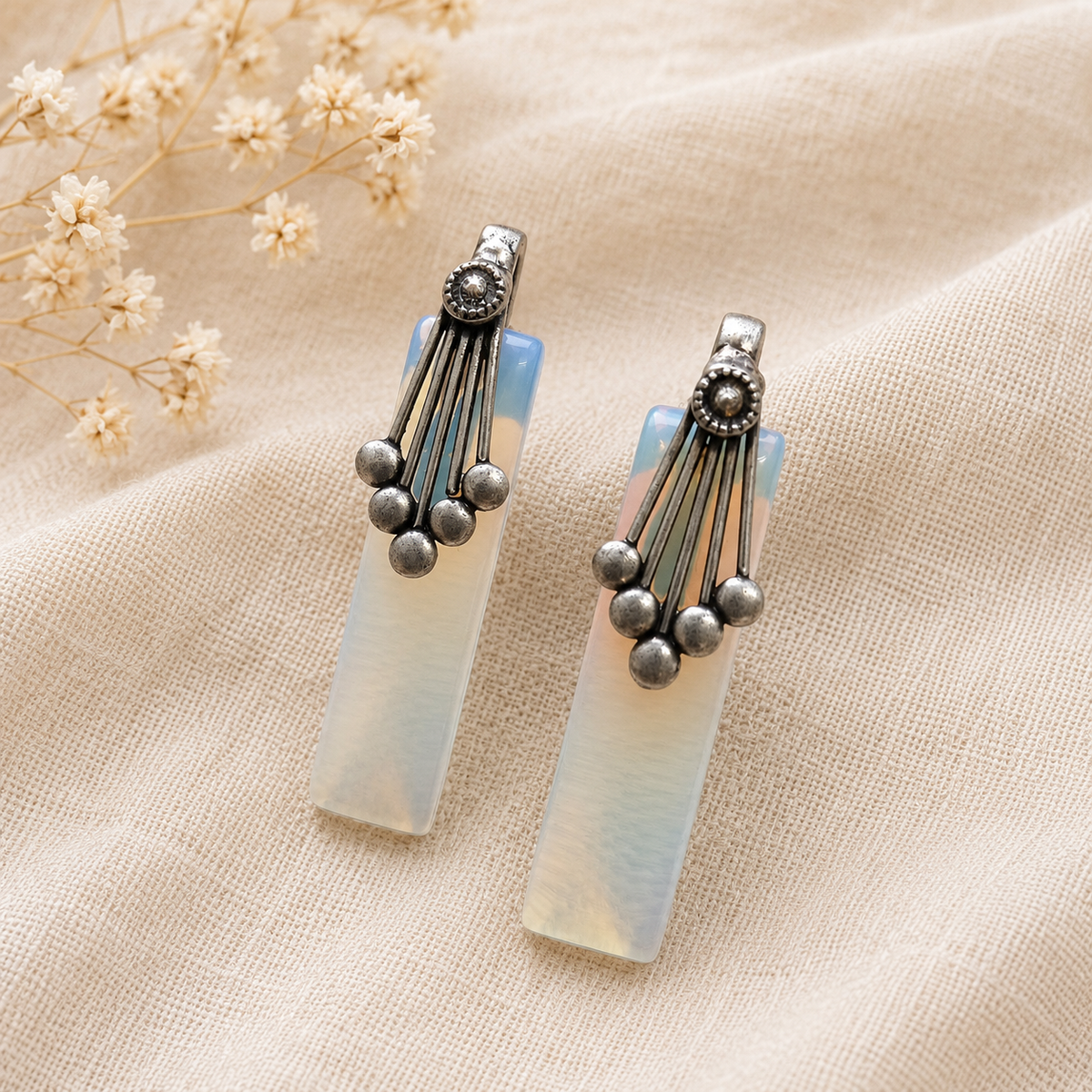 The Mirage Fashion Opalite Bar Drop Earrings – Silver Look Statement Earrings for Women  Contemporary Ethnic Jewelry