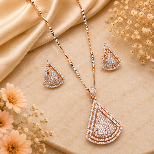 Rose Gold American Diamond Pendant Set with Matching Earrings and Dual-Tone Chain for Women | The Mirage Fashion