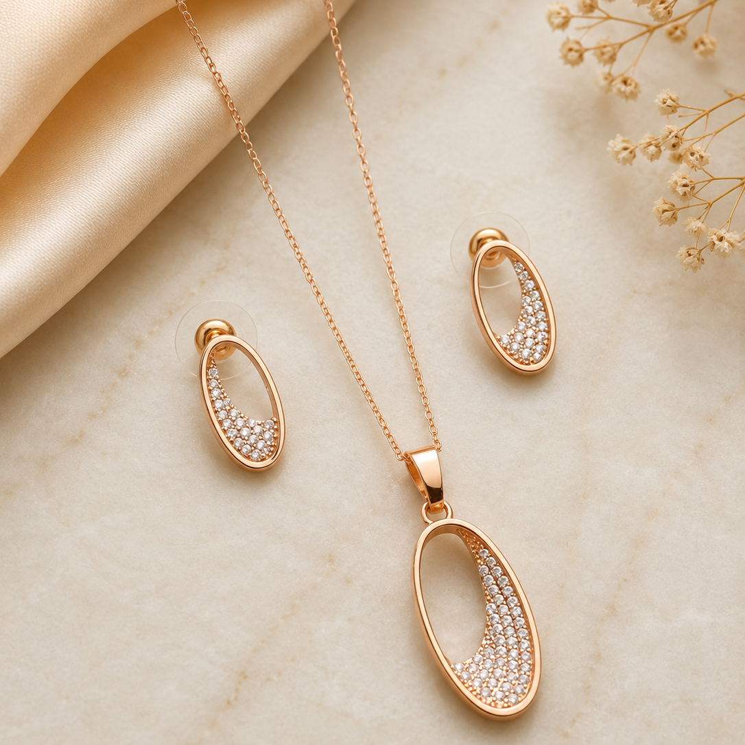 Rose Gold American Diamond Oval Pendant Set with Matching Earrings for Women | The Mirage Fashion