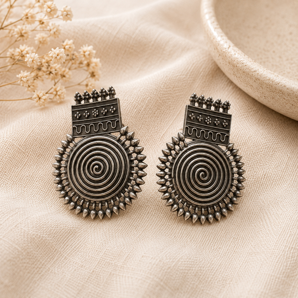 The Mirage Fashion Tribal Spiral Stud Earrings – Antique Silver Statement Earrings for Women  Boho Ethnic Jewelry