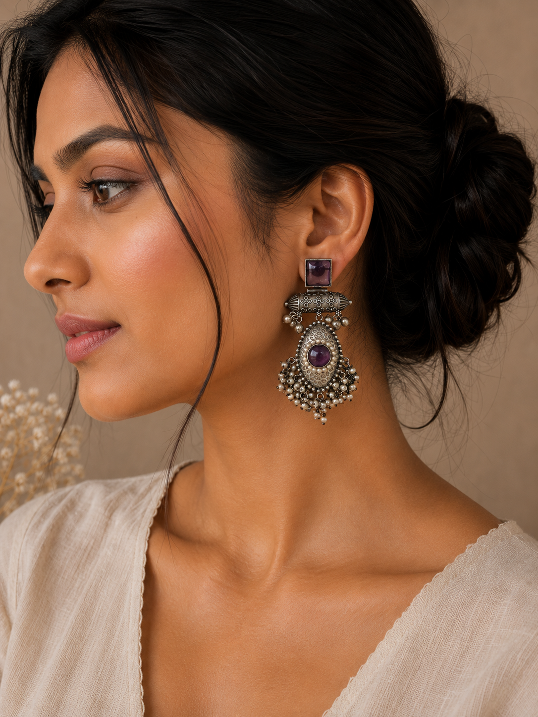 The Mirage Fashion Amethyst Pearl Tassel Statement Earrings – Silver Look Ethnic Dangle Earrings for Women