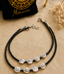The Mirage Fashion Double Layer Black Beaded Anklet – Oxidized Floral Coin Payal for Women