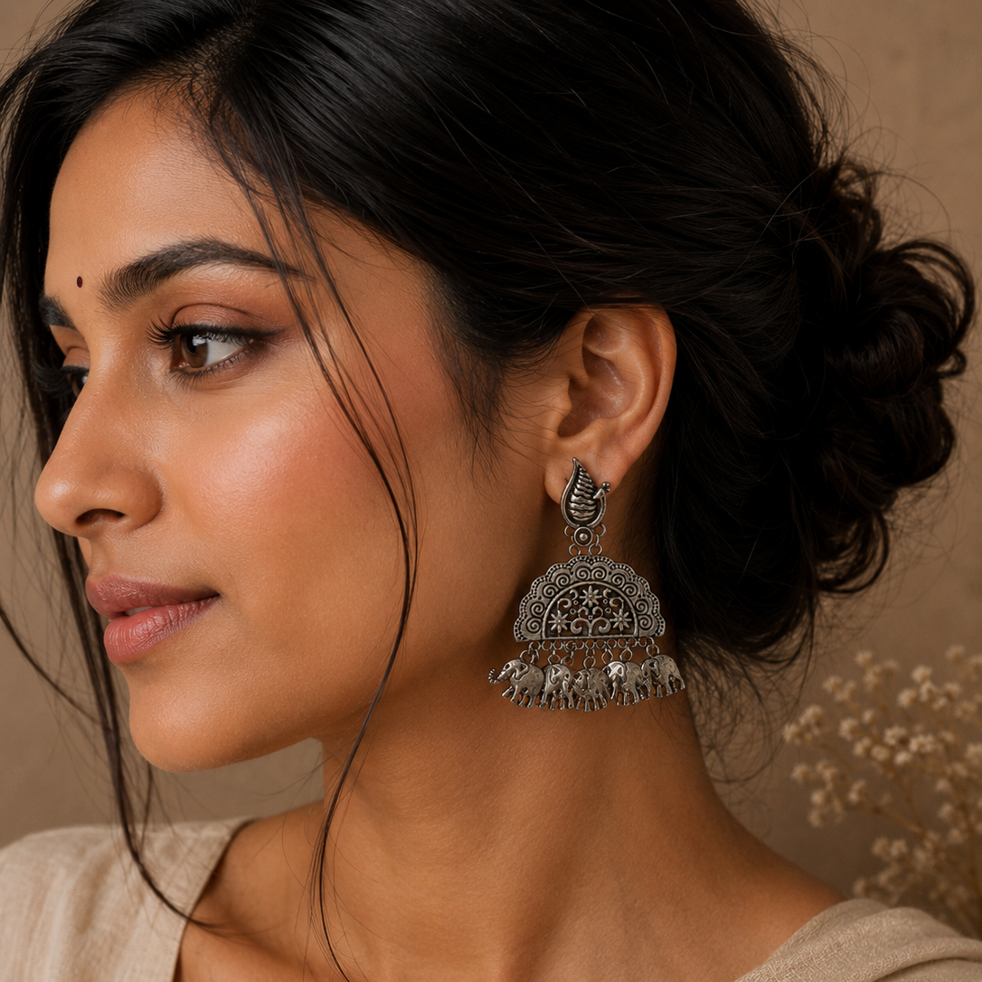 The Mirage Fashion Elephant Charm Tribal Statement Earrings – Silver Look Boho Ethnic Earrings for Women