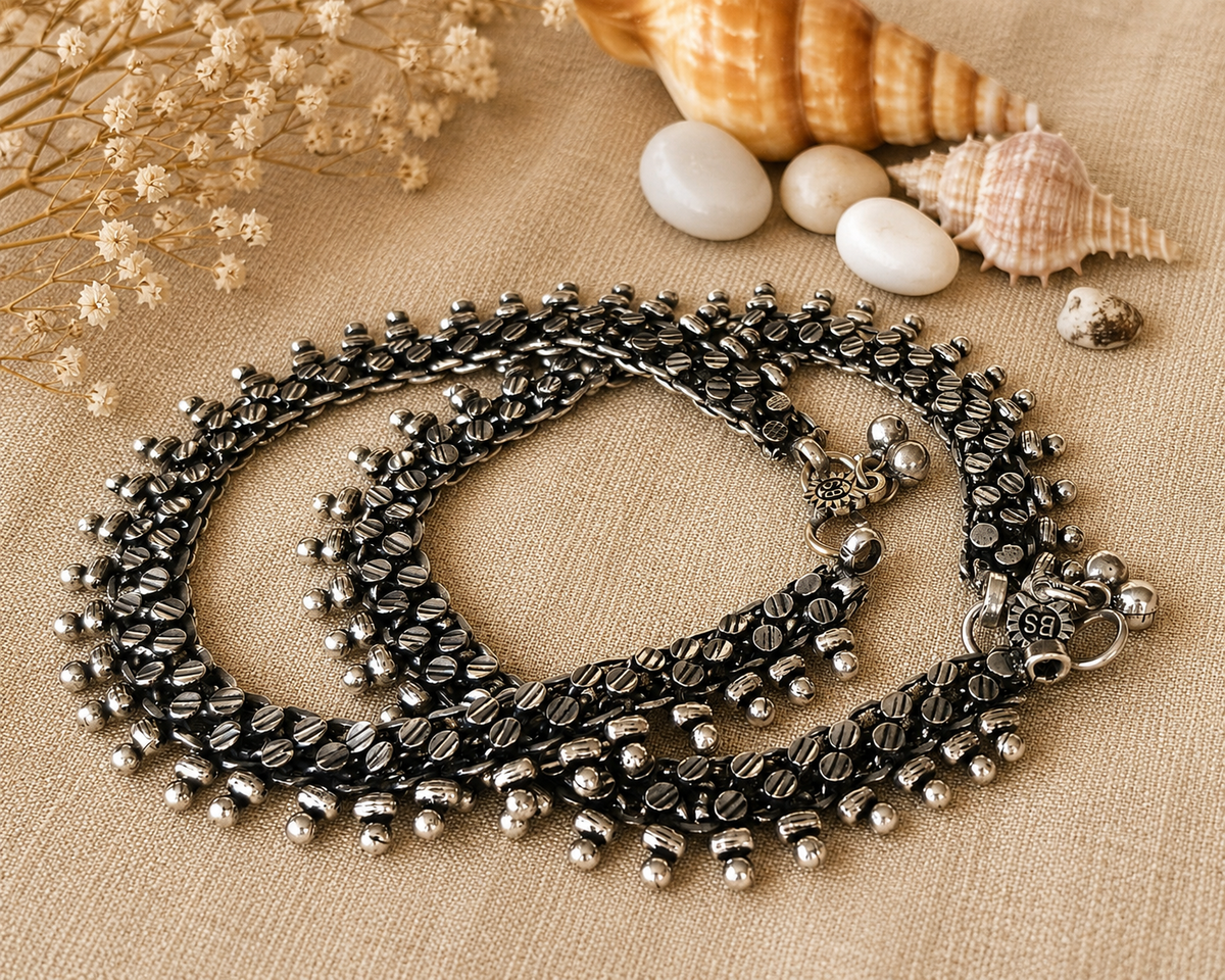 The Mirage Fashion Oxidized Black Beaded Anklet Pair – Tribal Boho Statement Payal for Women