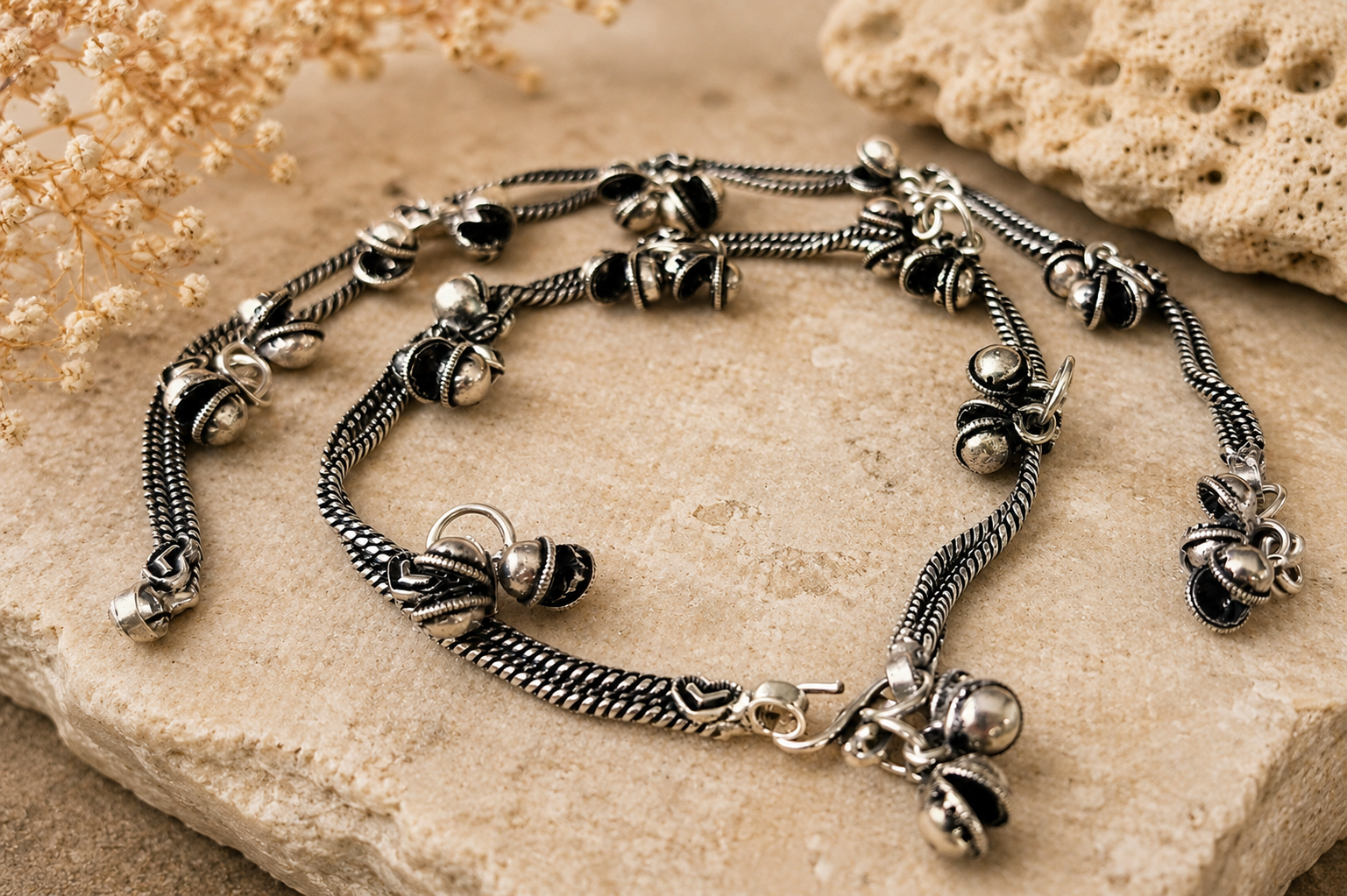The Mirage Fashion Oxidized Silver Ghungroo Anklet – Traditional Dual Chain Payal with Bell Charms for Women