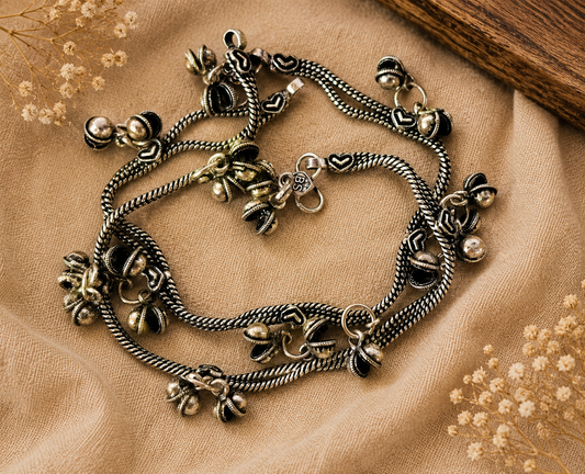 The Mirage Fashion Oxidized Silver Ghungroo Anklet – Traditional Dual Chain Payal with Bell Charms for Women