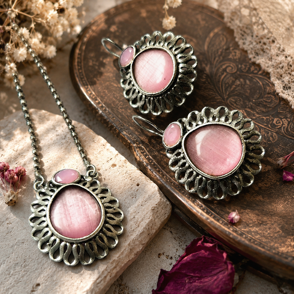 The Mirage Fashion Pink Stone Pendant Necklace Set – Vintage Silver-Tone Statement Jewelry Set with Matching Earrings for Women